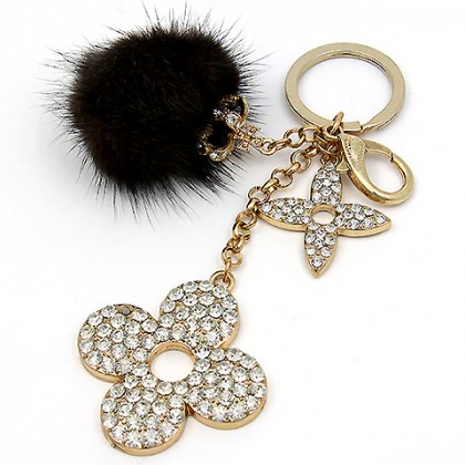 Key Chain - 12 PCS - Rabbit Fur w/ Rhinestone Flowers & Crown - Brown - KC-YI5352BN